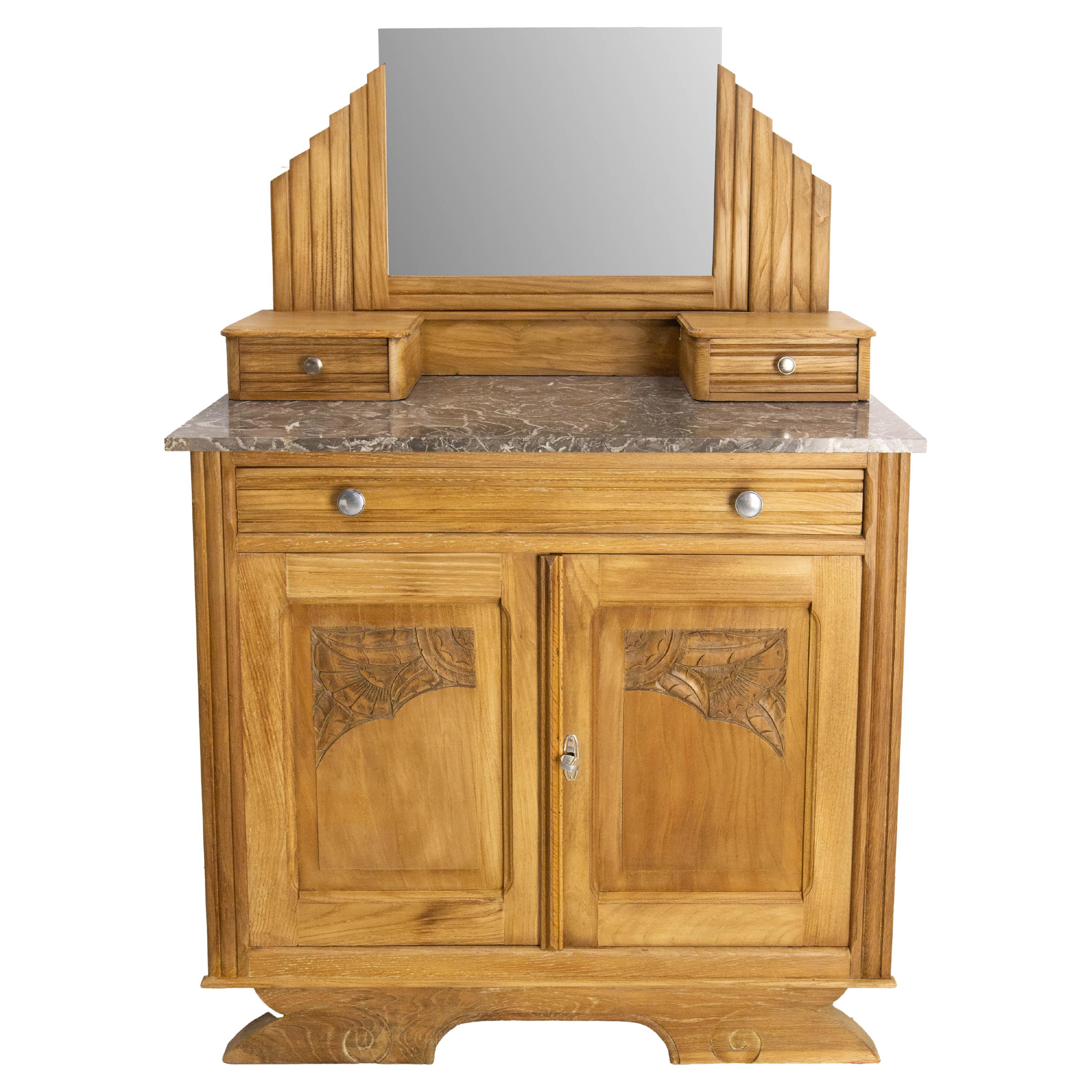 Französisch Midcentury Chesnut Marmor Frisiertisch Vanity Unit Spiegel