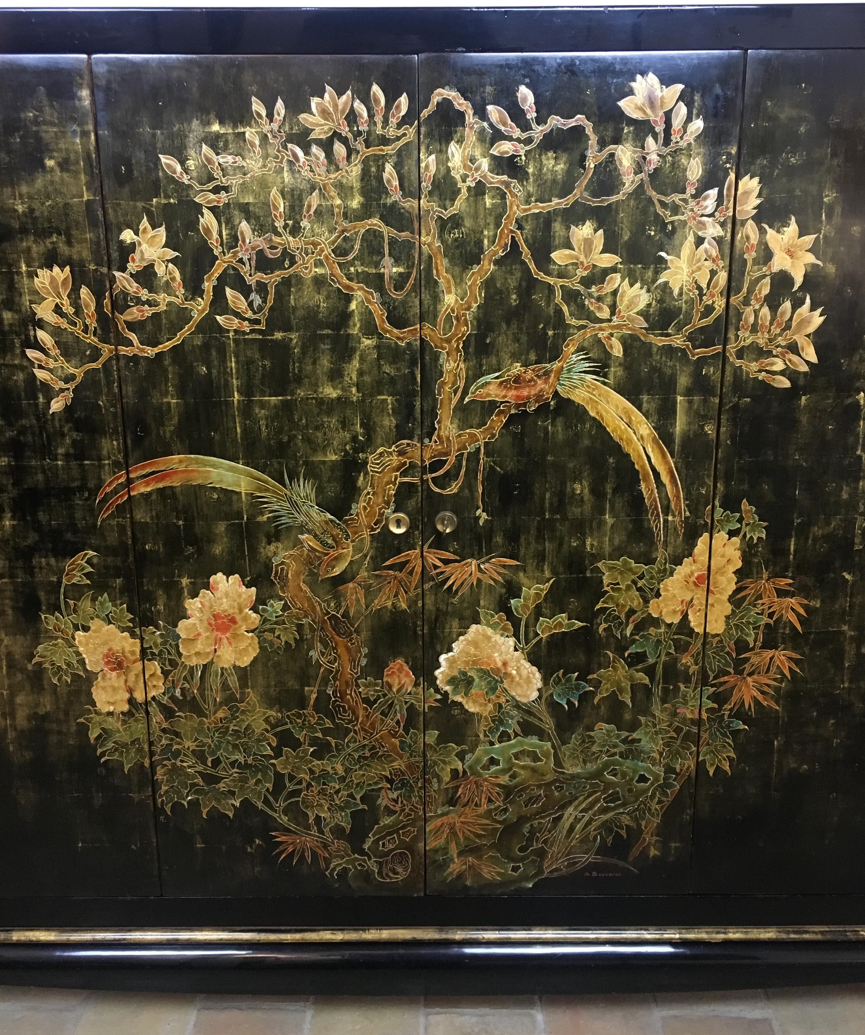 20th Century Rare French Black & Gilt Chinoiserie Dry Bar or TV Cabinet, Signed A. Bouverat