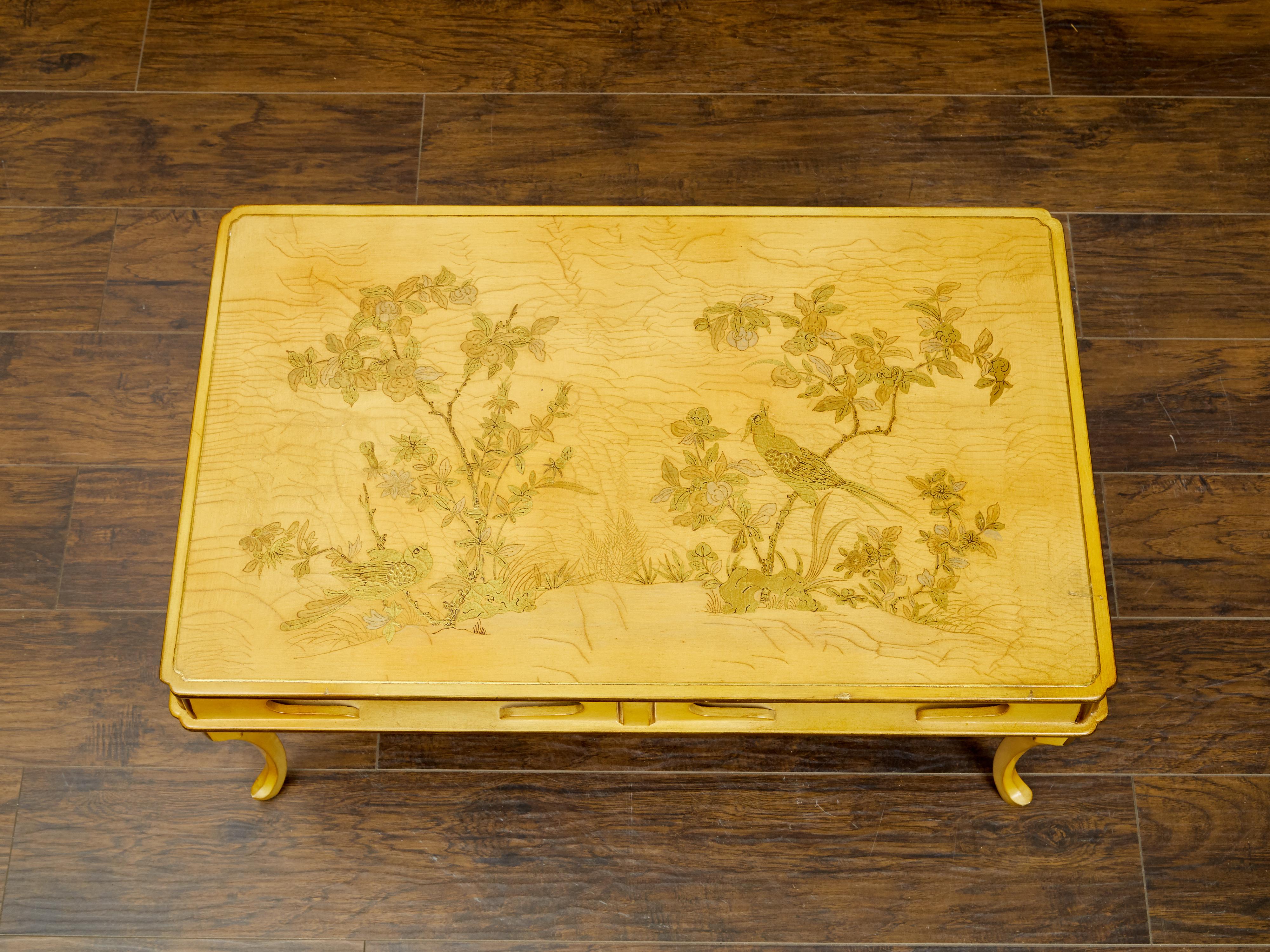 Wood French Midcentury Chinoiserie Style Coffee Table with Décor or Birds in Foliage For Sale