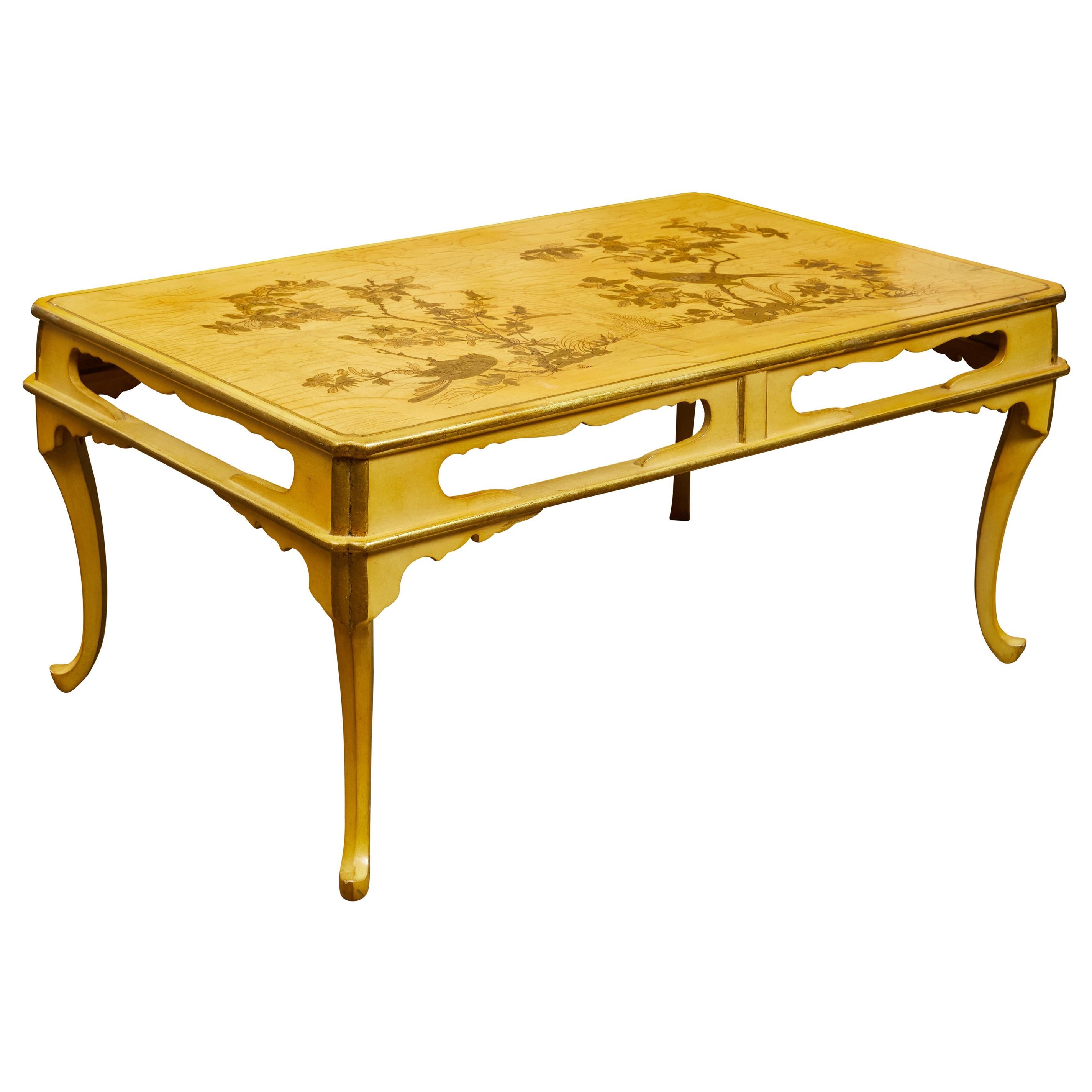 French Midcentury Chinoiserie Style Coffee Table with Décor or Birds in Foliage For Sale