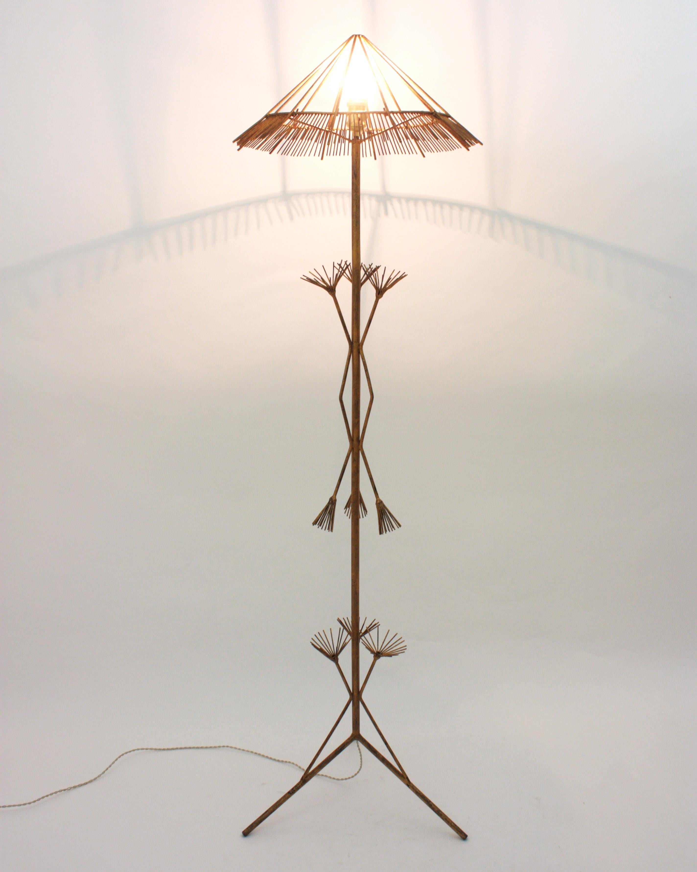 French Midcentury Chinoiserie Gilt Metal Tripod Floor Lamp For Sale 5