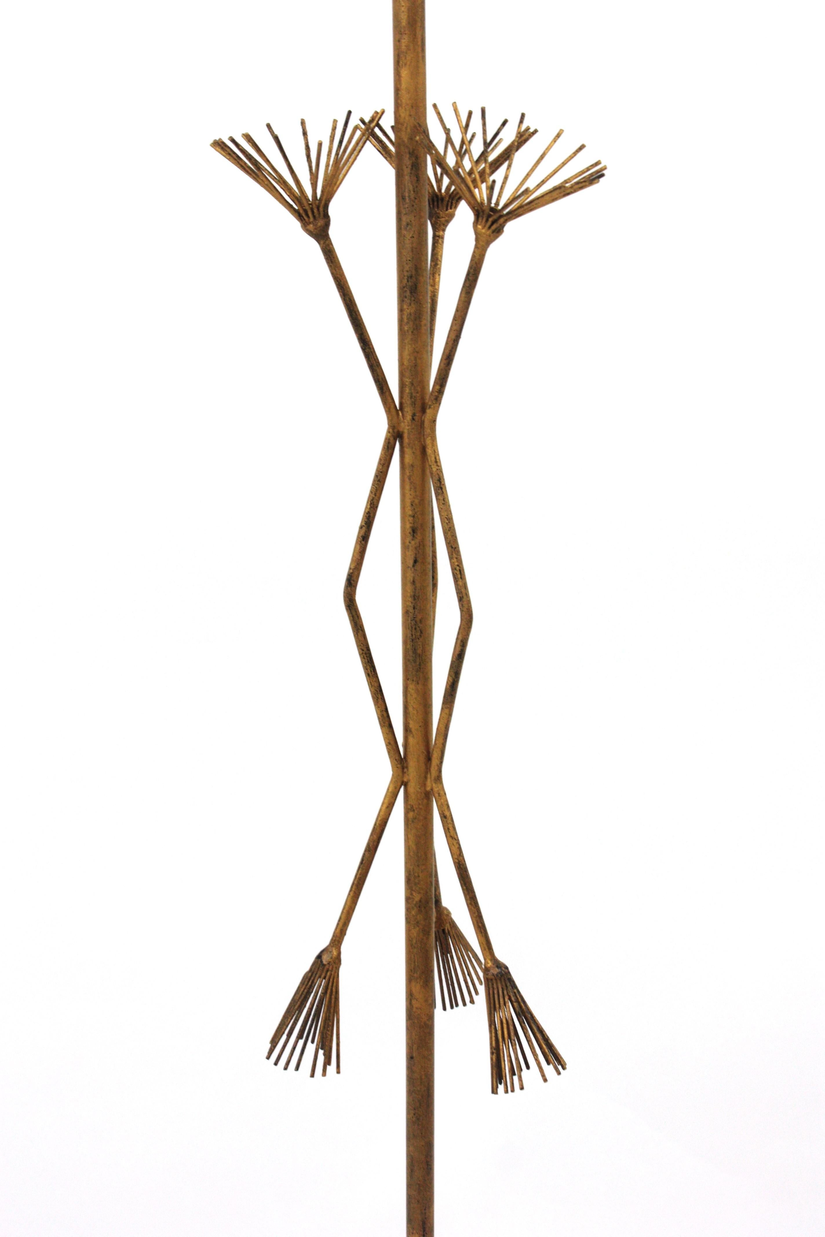French Midcentury Chinoiserie Gilt Metal Tripod Floor Lamp For Sale 6
