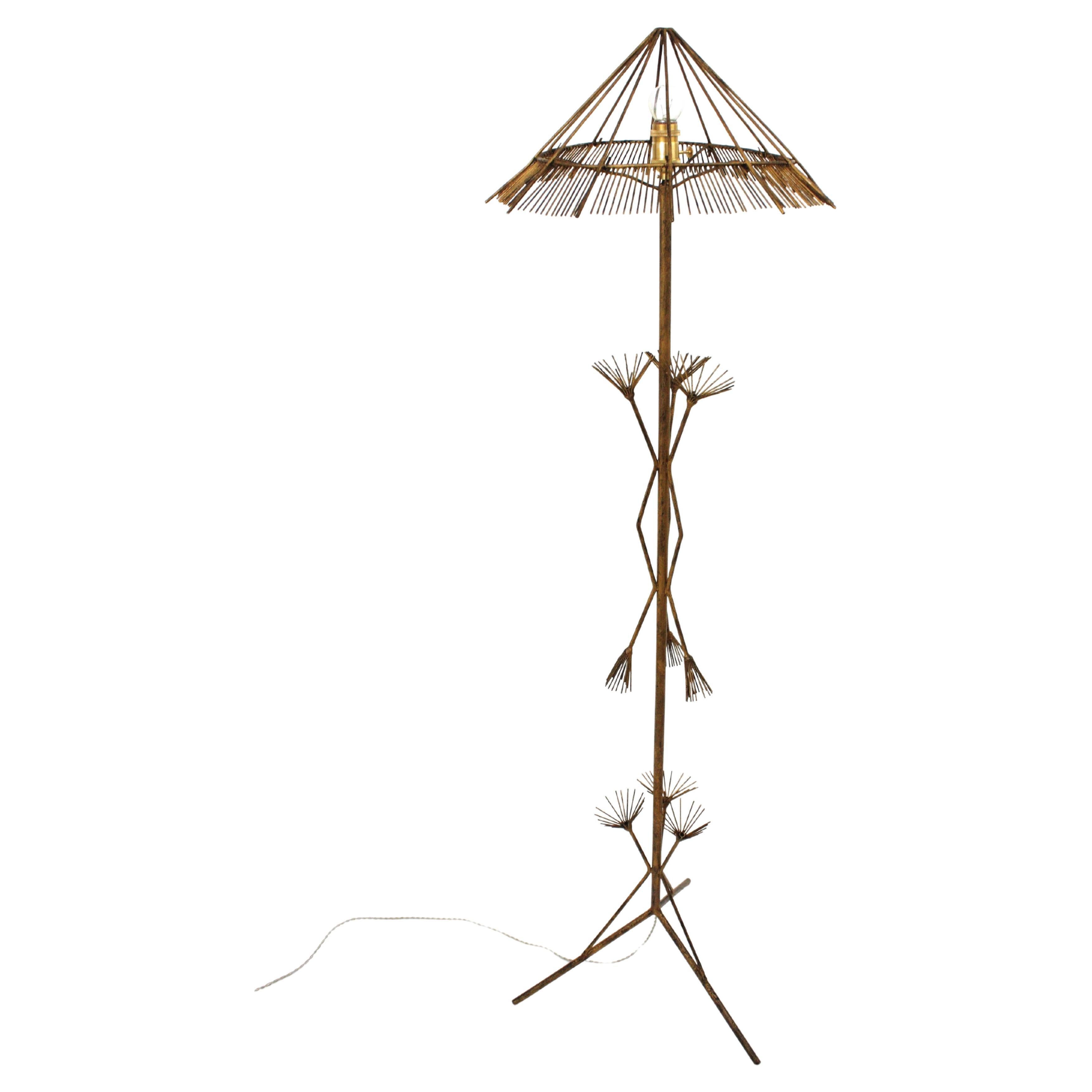 French Midcentury Chinoiserie Gilt Metal Tripod Floor Lamp For Sale 12