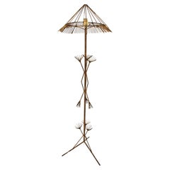 French Midcentury Chinoiserie Gilt Metal Tripod Floor Lamp