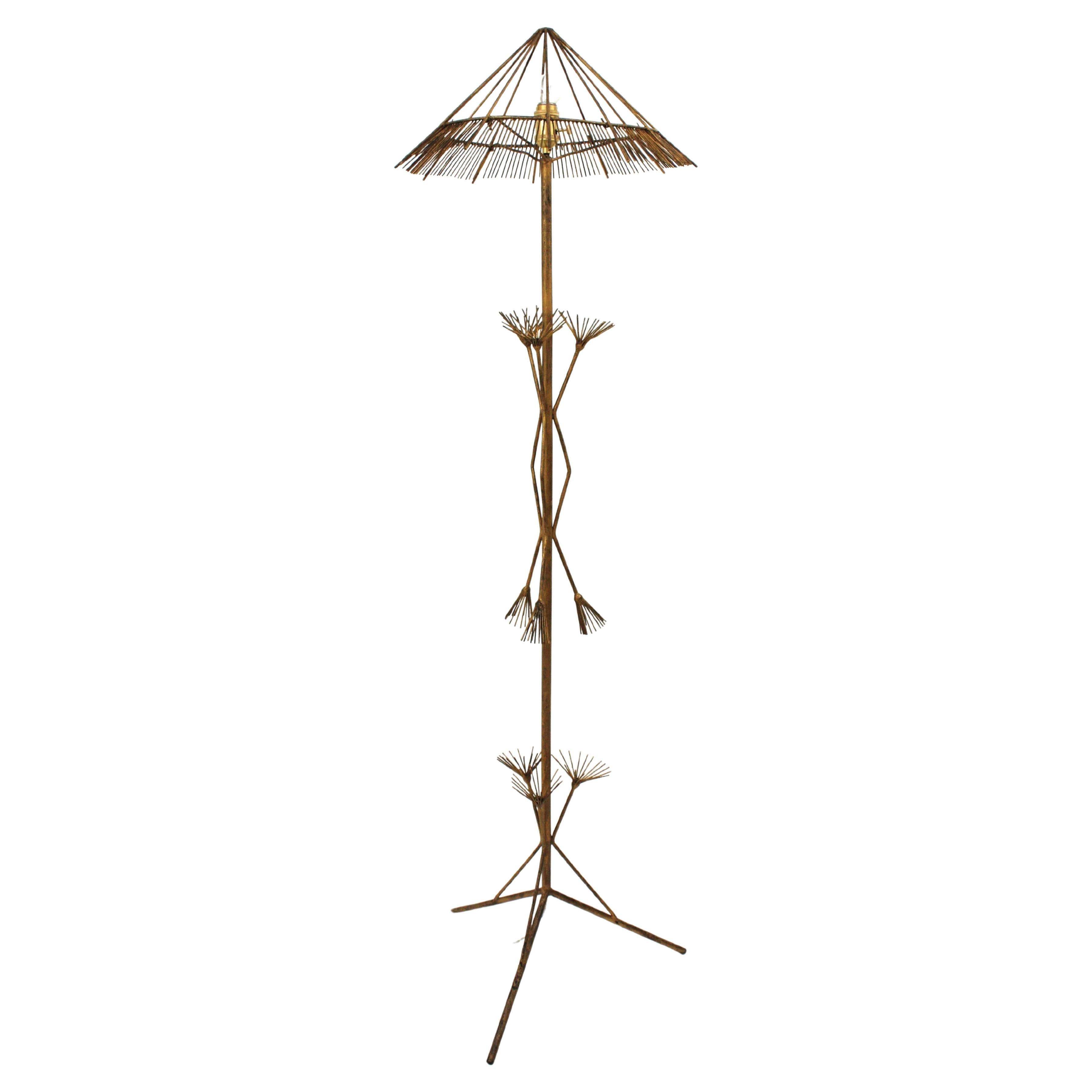 Mid-Century Modern French Midcentury Chinoiserie Gilt Metal Tripod Floor Lamp For Sale
