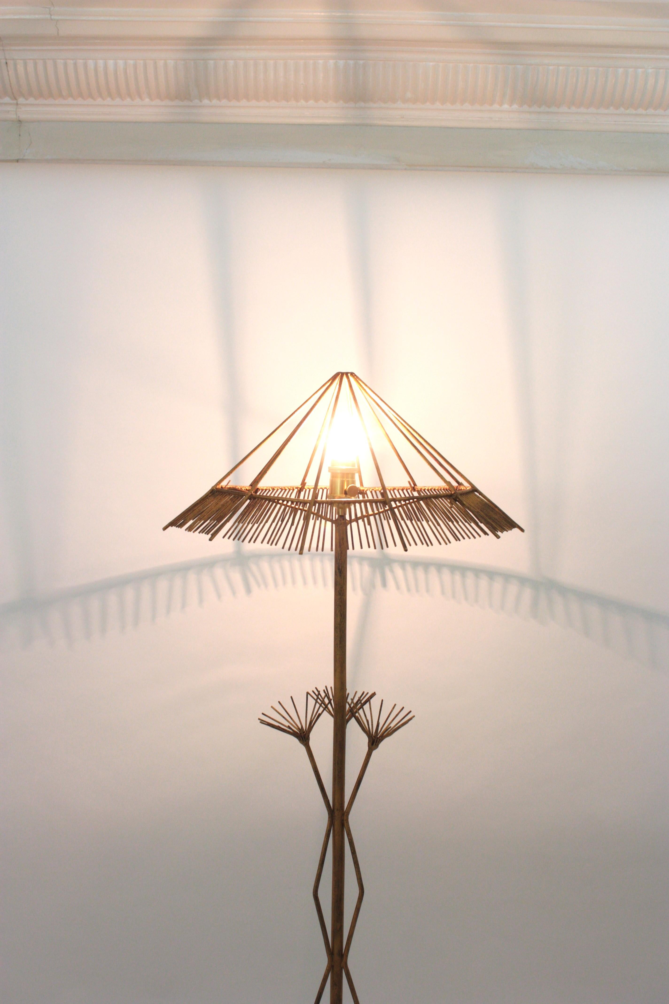20th Century French Midcentury Chinoiserie Gilt Metal Tripod Floor Lamp For Sale