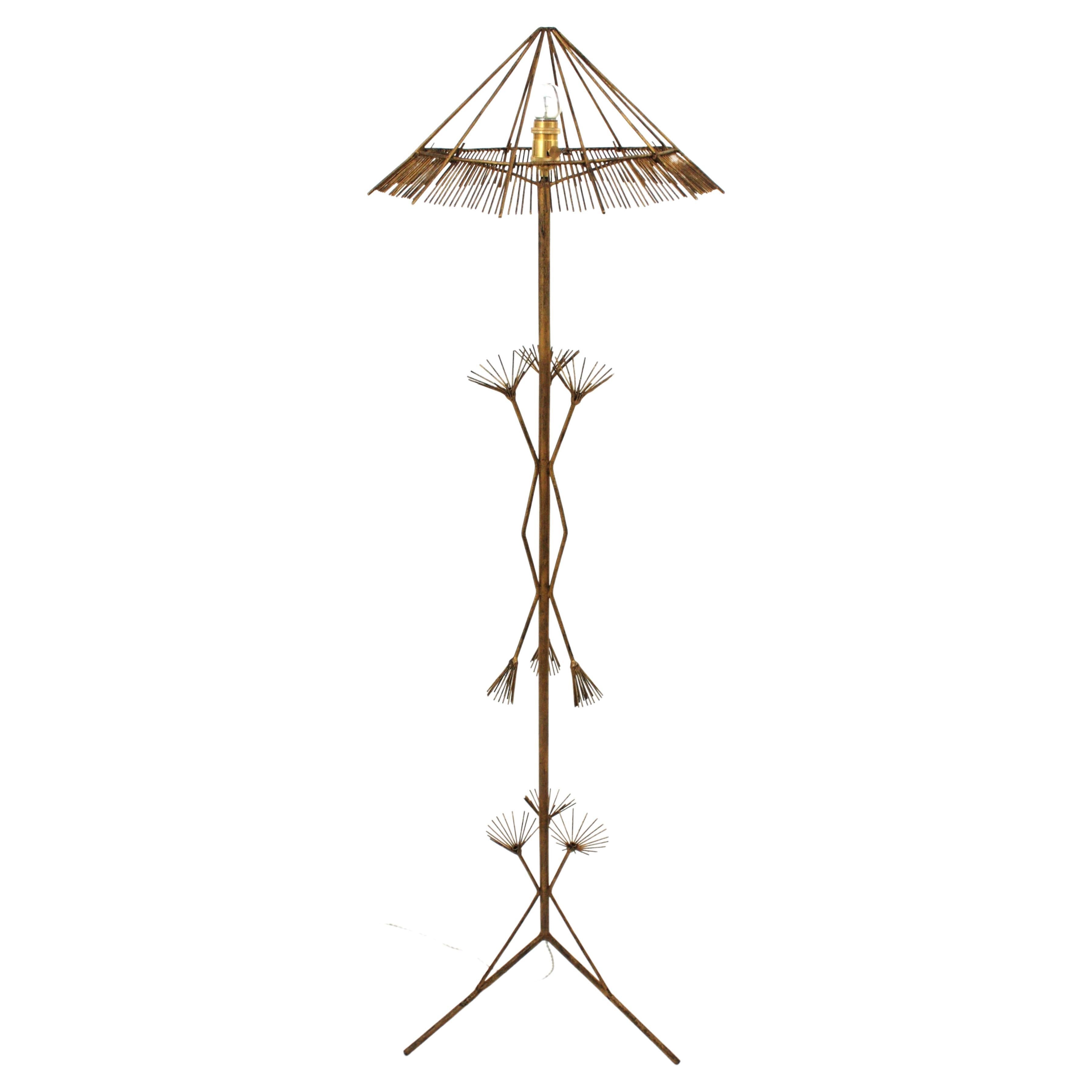 French Midcentury Chinoiserie Gilt Metal Tripod Floor Lamp For Sale