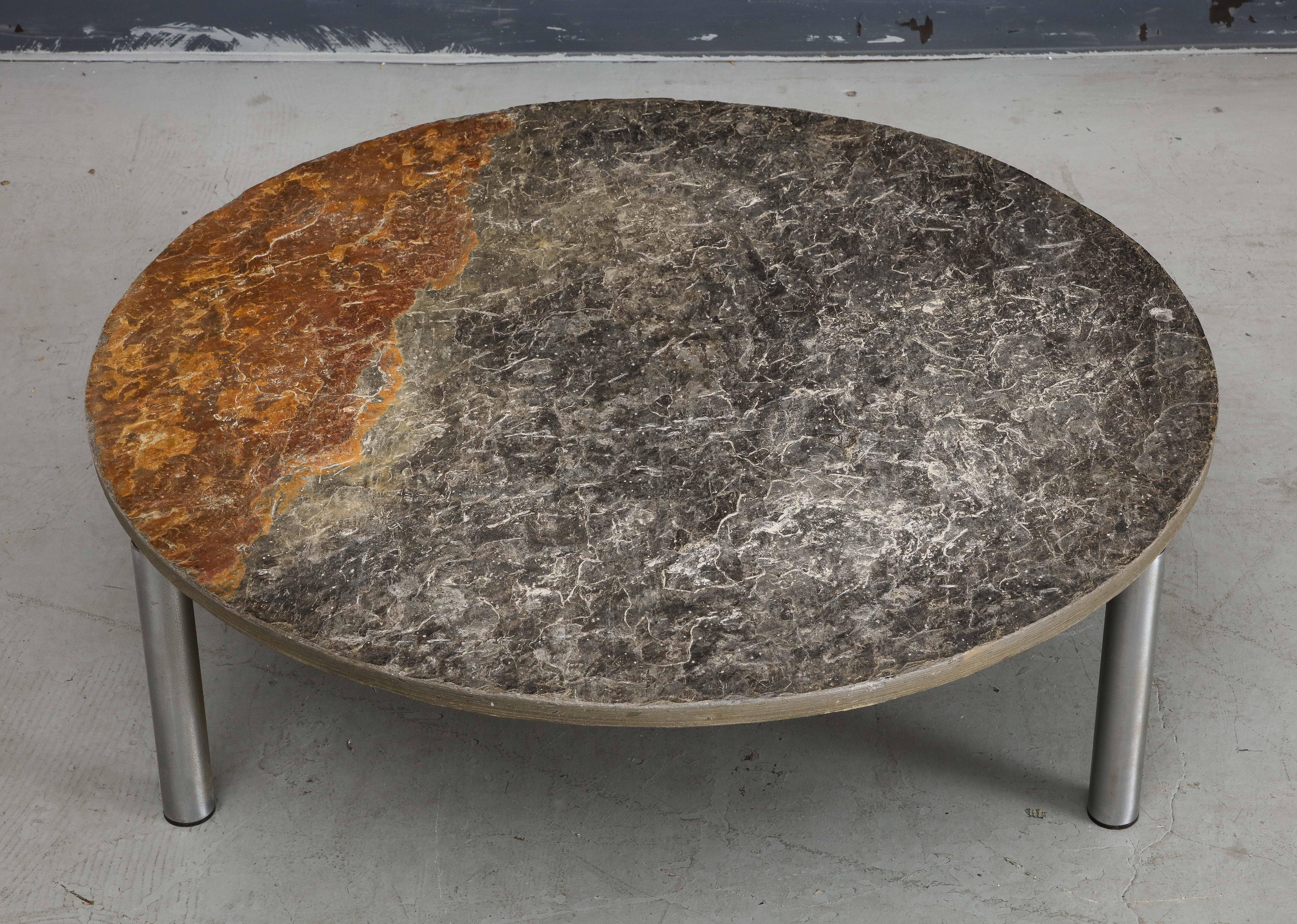 Mid-Century Modern French Midcentury Chromed Steel Coffee Table with Round Natural Slate Top For Sale