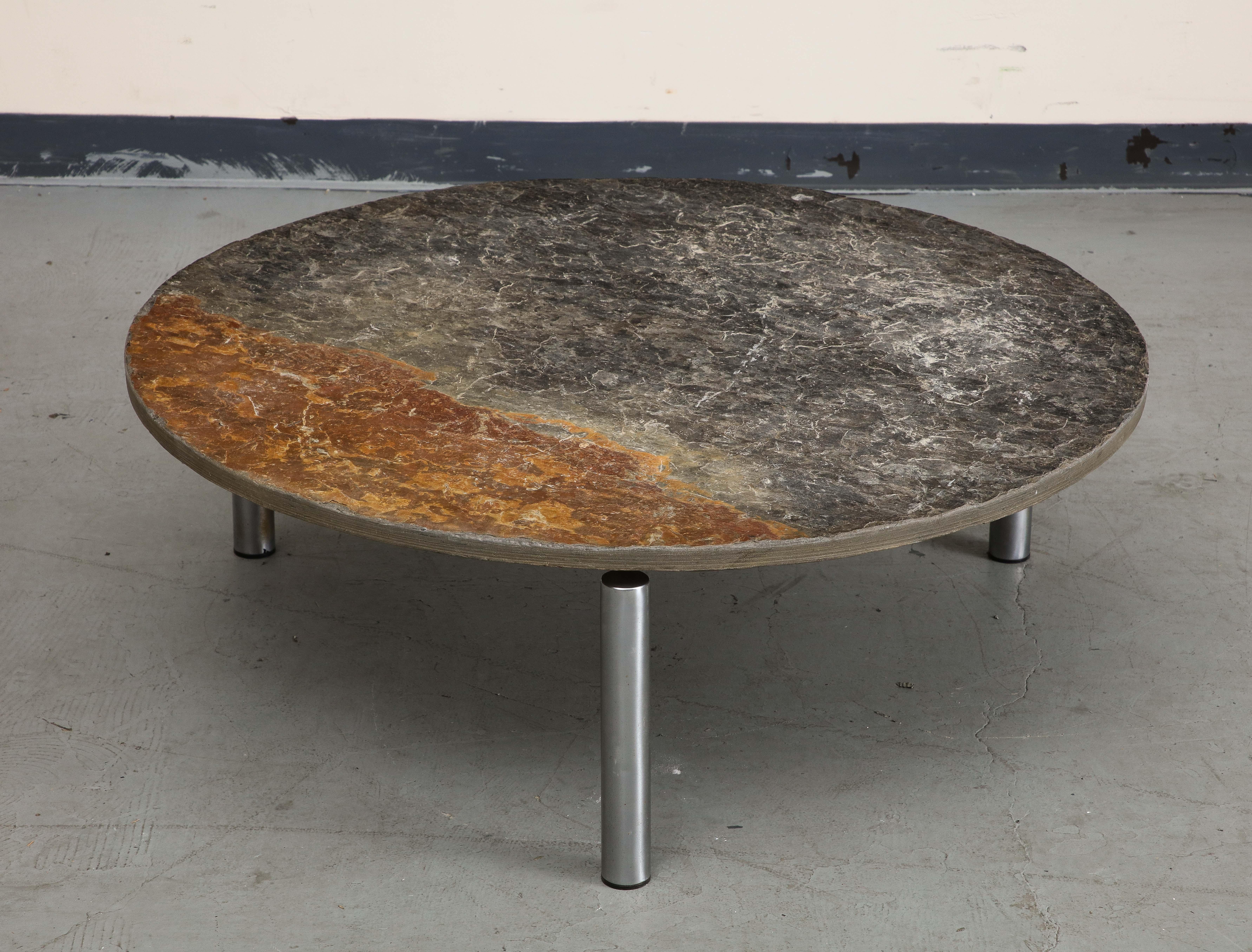 Metal French Midcentury Chromed Steel Coffee Table with Round Natural Slate Top For Sale