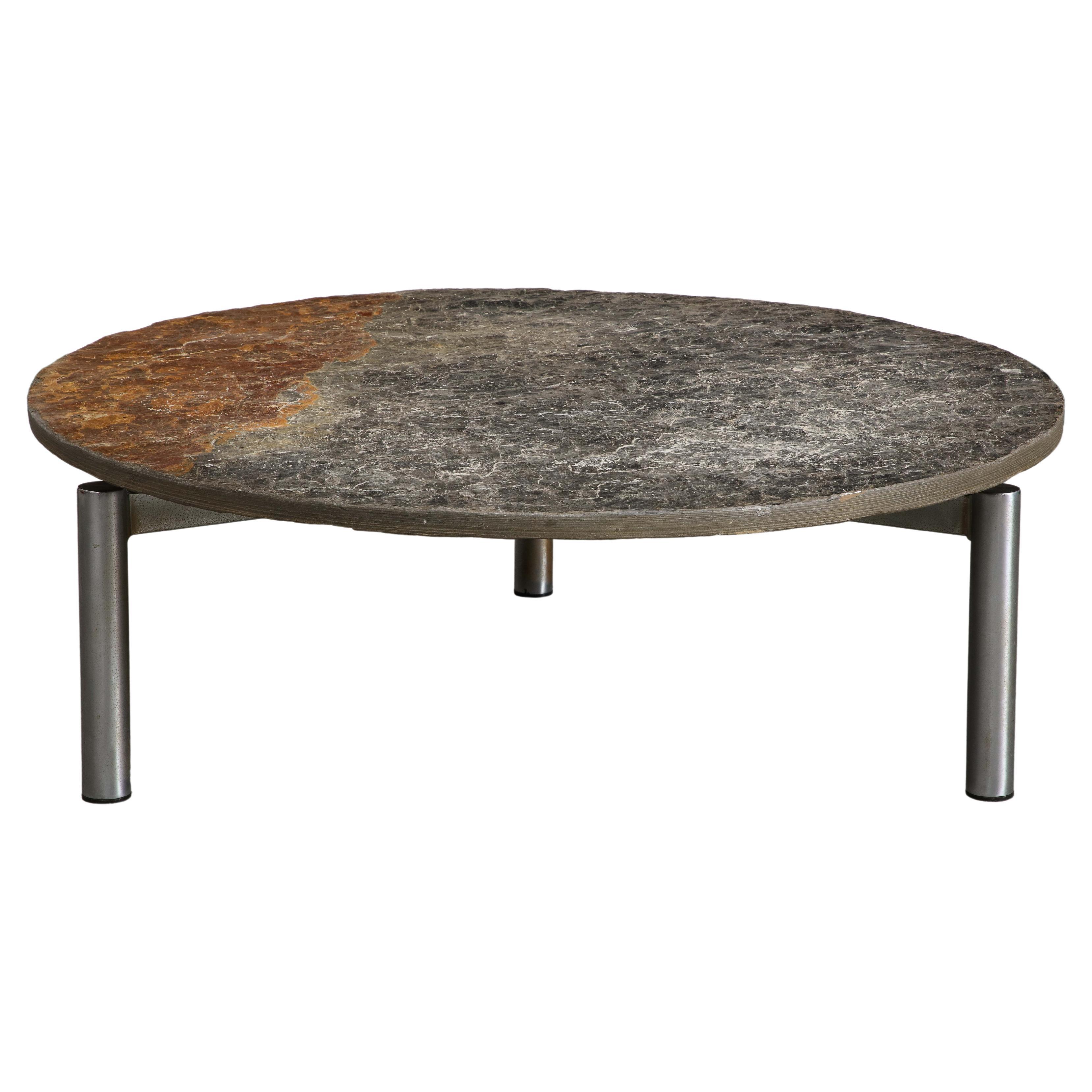 French Midcentury Chromed Steel Coffee Table with Round Natural Slate Top For Sale