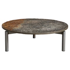Retro French Midcentury Chromed Steel Coffee Table with Round Natural Slate Top