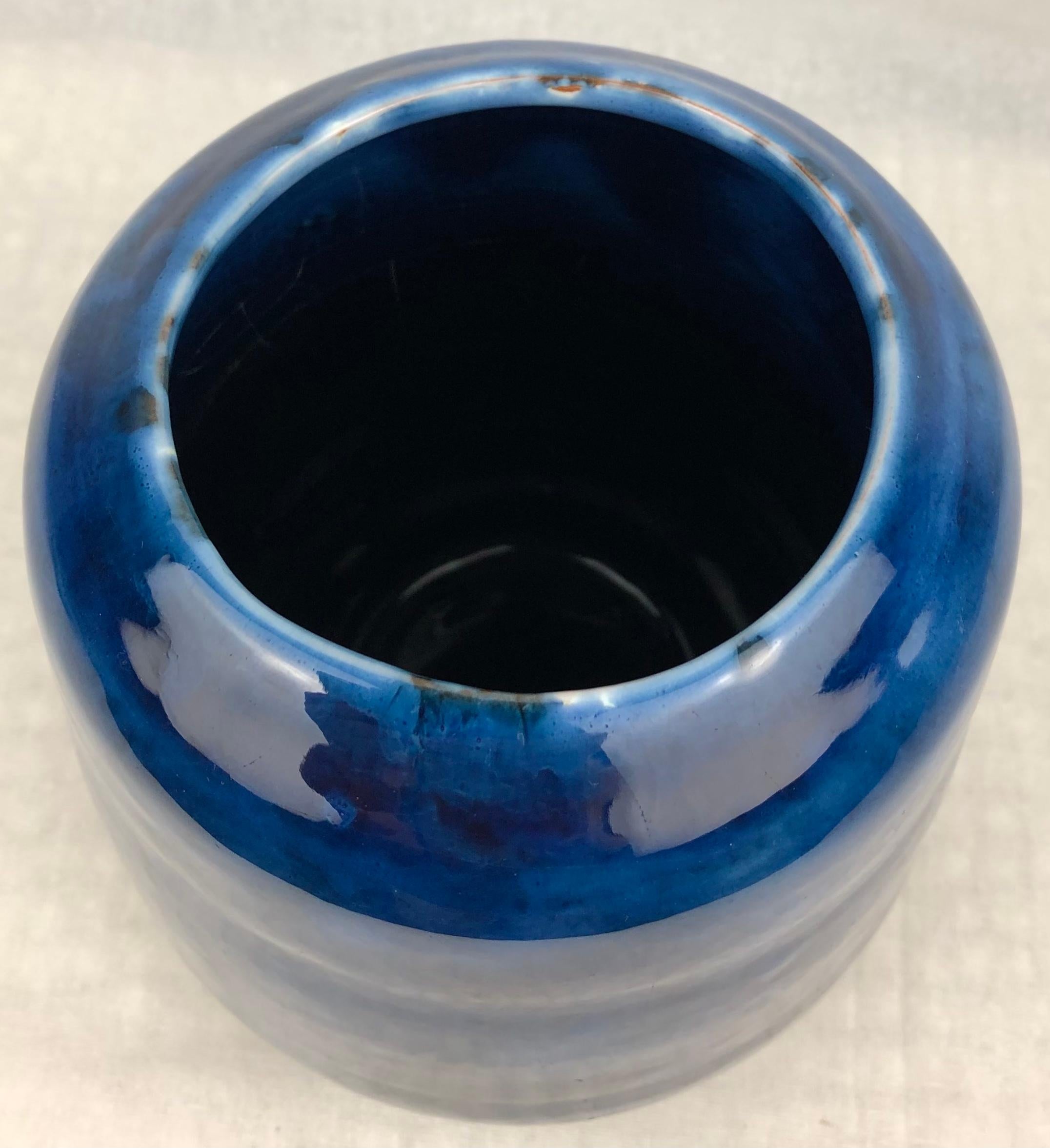 Glazed French Midcentury Cobalt Blue Ceramic Vase, Manner of Edmond Lachenal For Sale