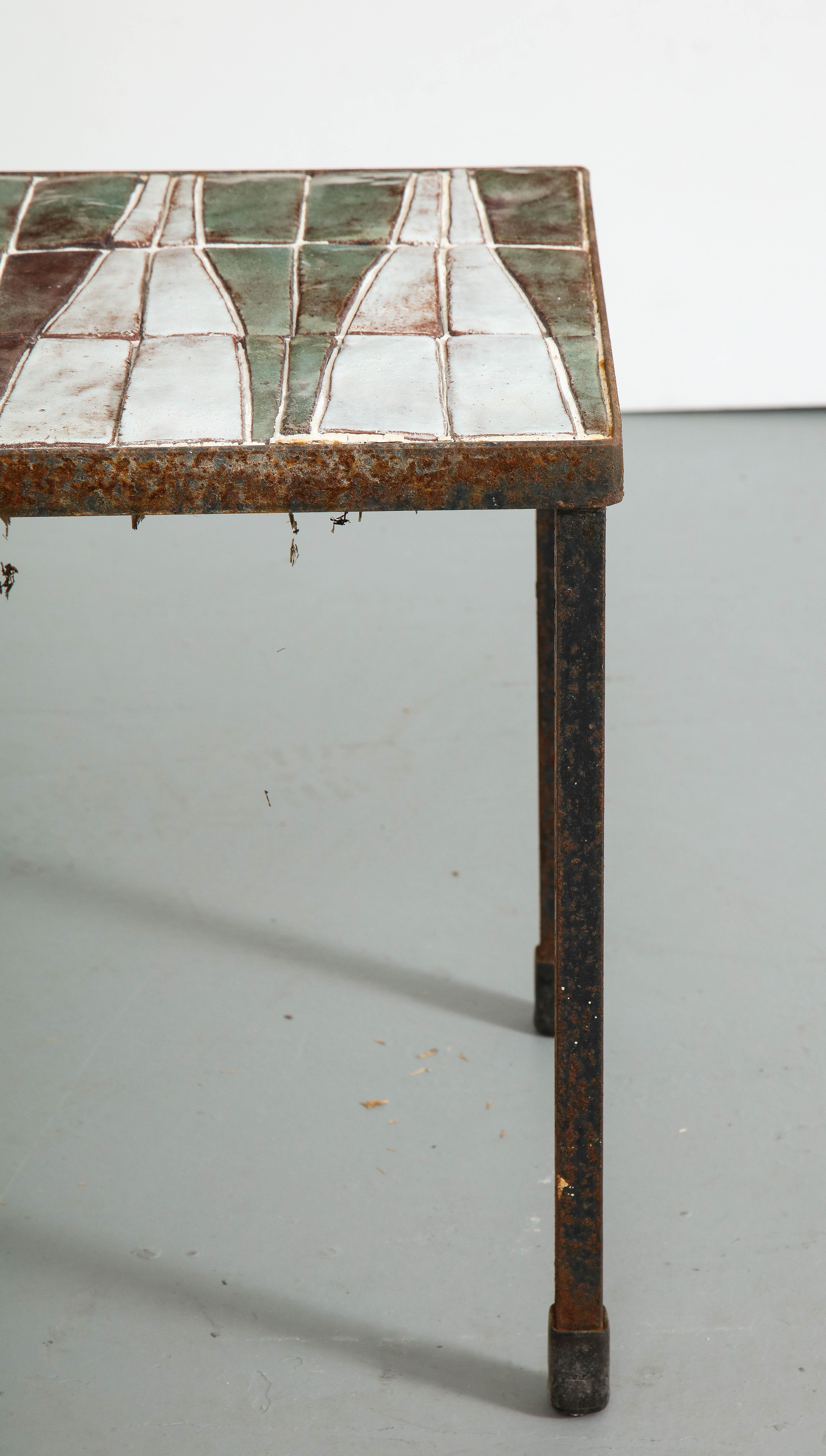 French Midcentury Coffee Table with Ceramic Tile Top 4