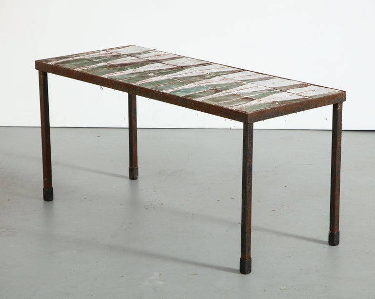 French Midcentury Coffee Table with Ceramic Tile Top In Fair Condition In Chicago, IL