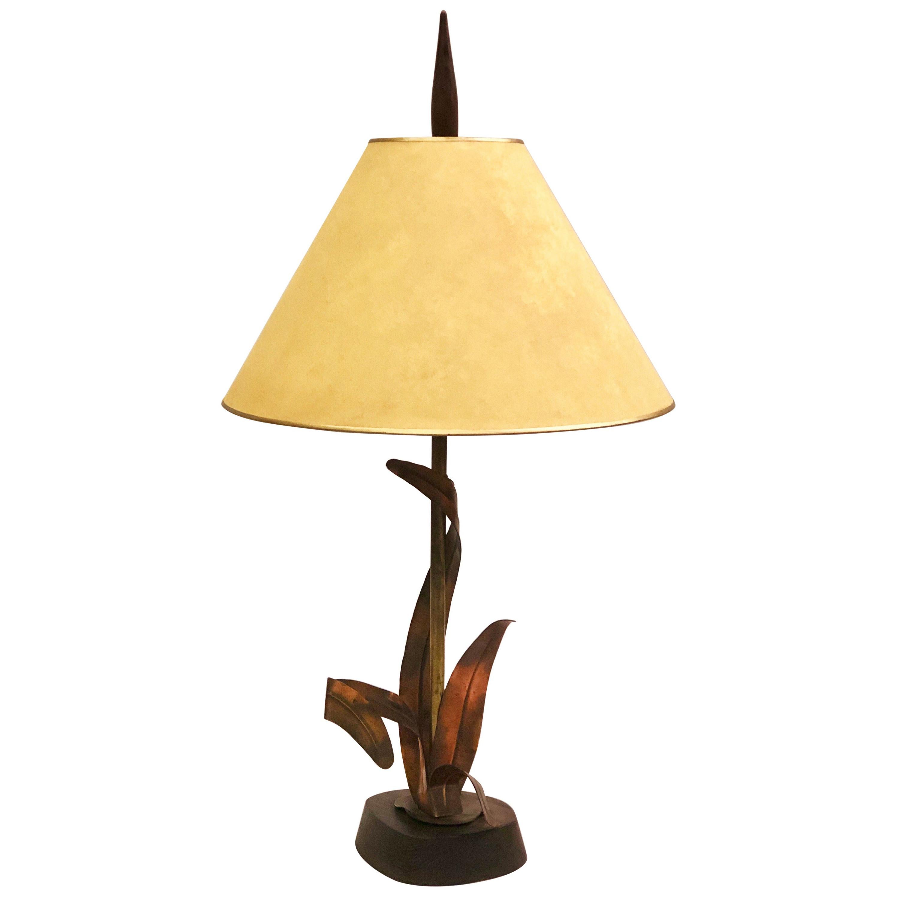 French Midcentury Copper, Bronze and Brass Floral Table Lamp by Maison Charles