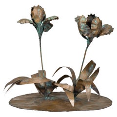 French Midcentury Copper Garden Ornament Depicting Two Flowers on a Base