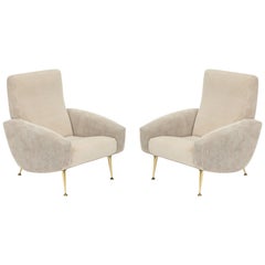 French Midcentury Corduroy Velvet Grey Beige Lounge Chairs Brass Feet