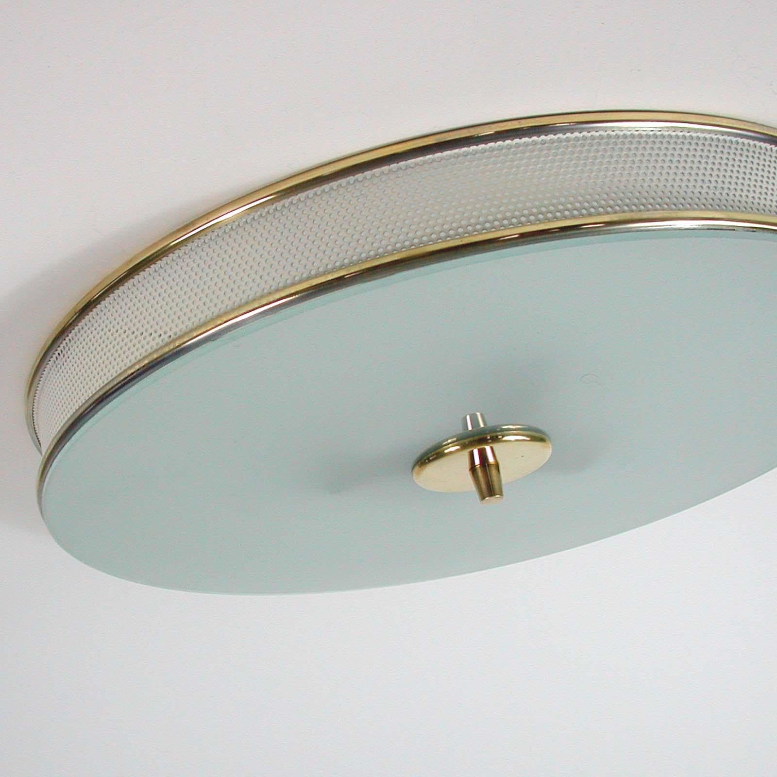 French Midcentury Cream White and Brass Mategot Style Flush Mount, 1950s For Sale 4