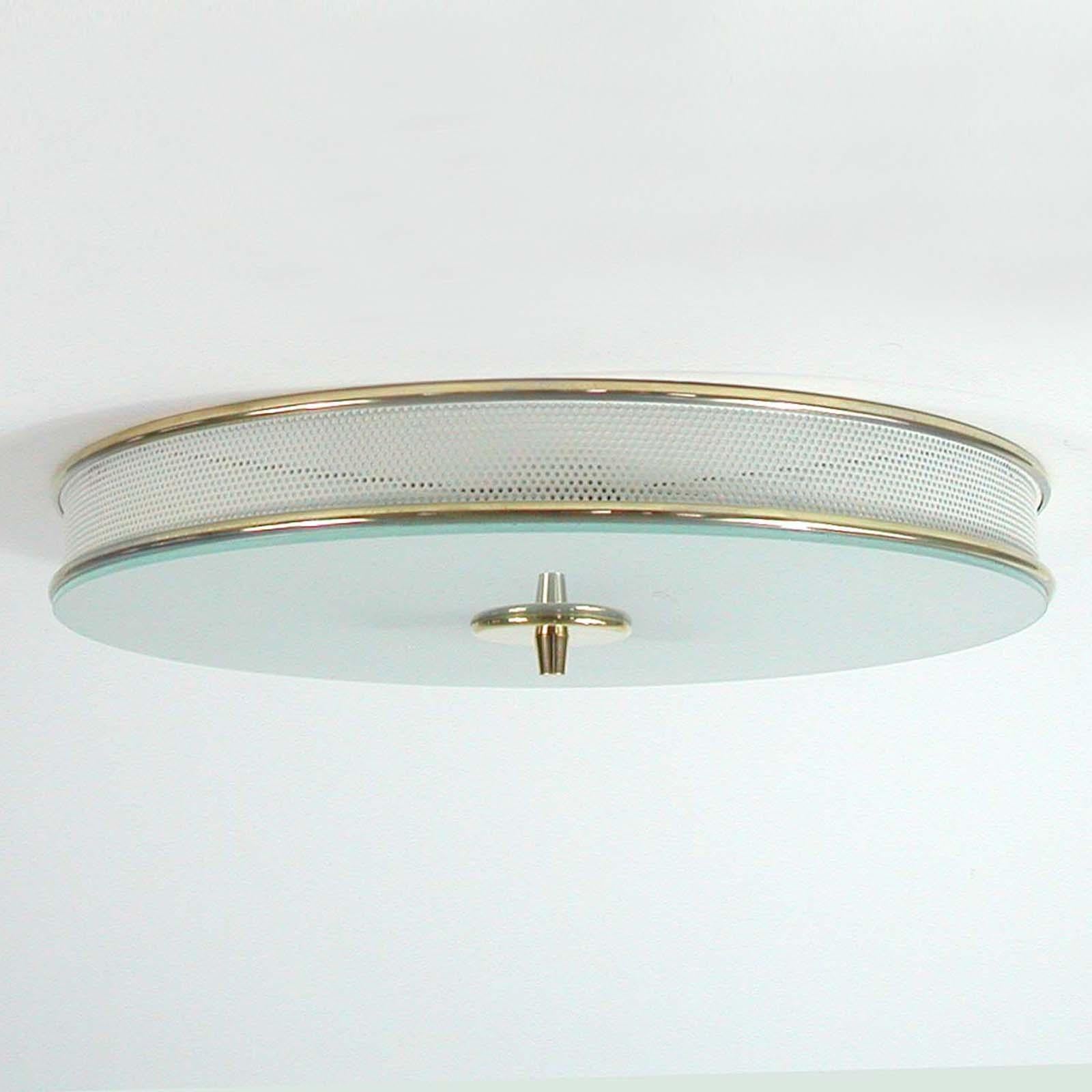 Mid-Century Modern French Midcentury Cream White and Brass Mategot Style Flush Mount, 1950s For Sale