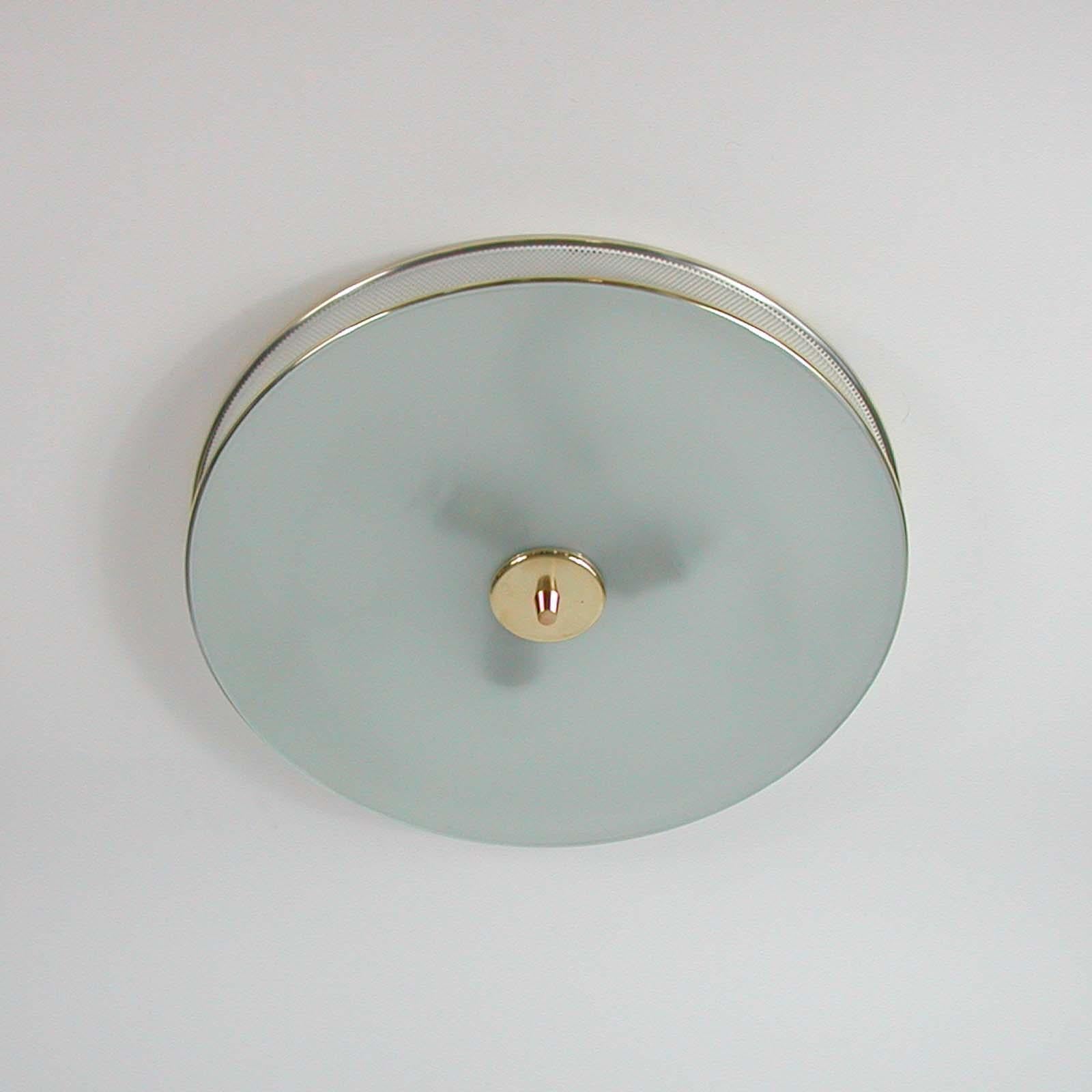 Mid-20th Century French Midcentury Cream White and Brass Mategot Style Flush Mount, 1950s For Sale