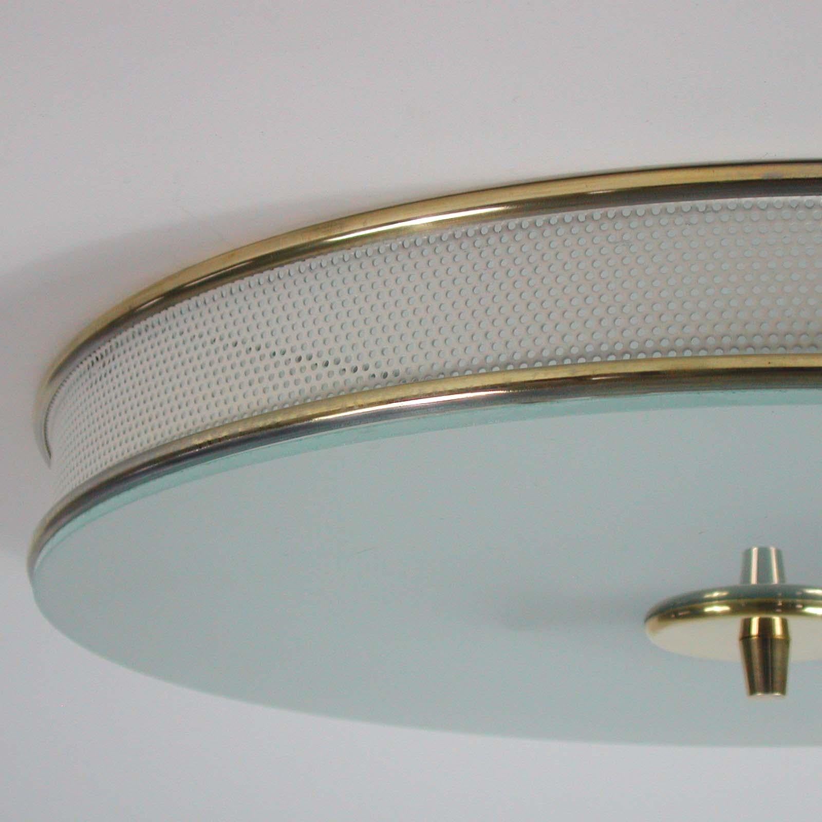 French Midcentury Cream White and Brass Mategot Style Flush Mount, 1950s For Sale 1