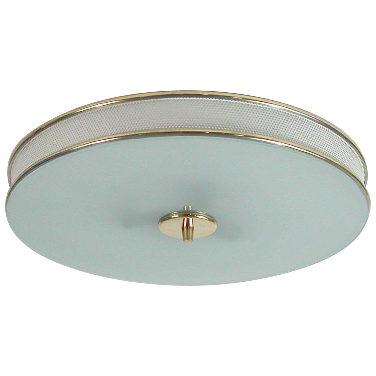 French Midcentury Cream White and Brass Mategot Style Flush Mount, 1950s For Sale