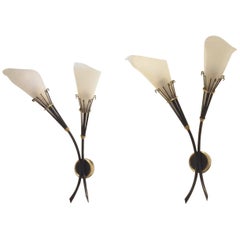 French Midcentury Design, Two Maison Arlus Brass and Plexi Wall Sconces Lamps
