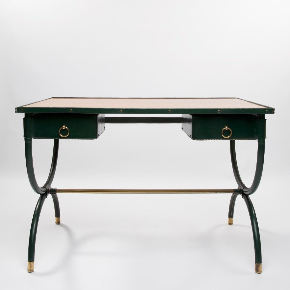 Elegant desk, with metal structure sheathed of green saddle stitching leather, pivoting drawers, with his armchair and waste paper basket. The steel bronze structure of this 4 leg-chair is made of 
