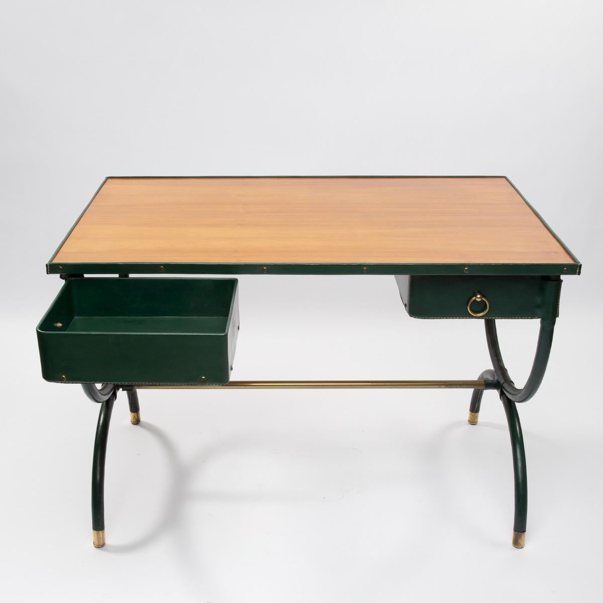 Leather French Midcentury Desk with Armchair and Waste Paper Basket by Jacques Adnet
