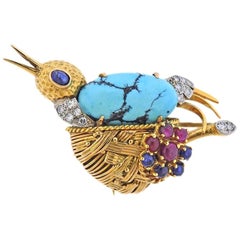 French Midcentury Diamond Ruby Sapphire Turquoise Gold Bird Brooch