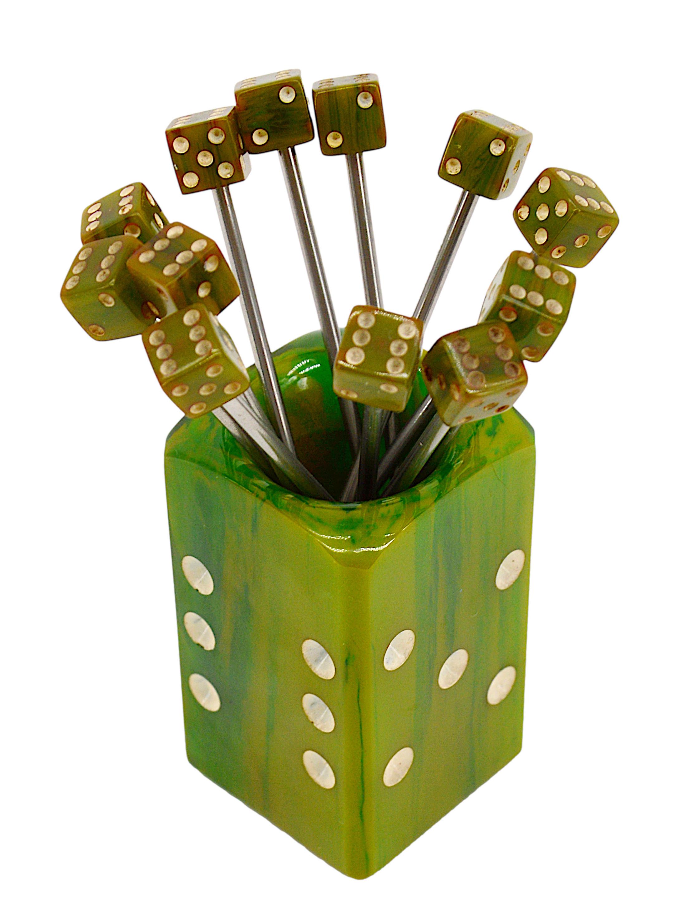 French mid-century dice cocktail picks, France, 1950s. Bakelite & metal. 12 cocktail picks. Height with picks included: 10.5cm - 4.13