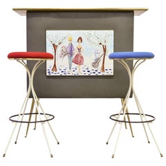 French Midcentury Dry Bar with Two-Bar Stools Signed C. de Savigny, 1950s