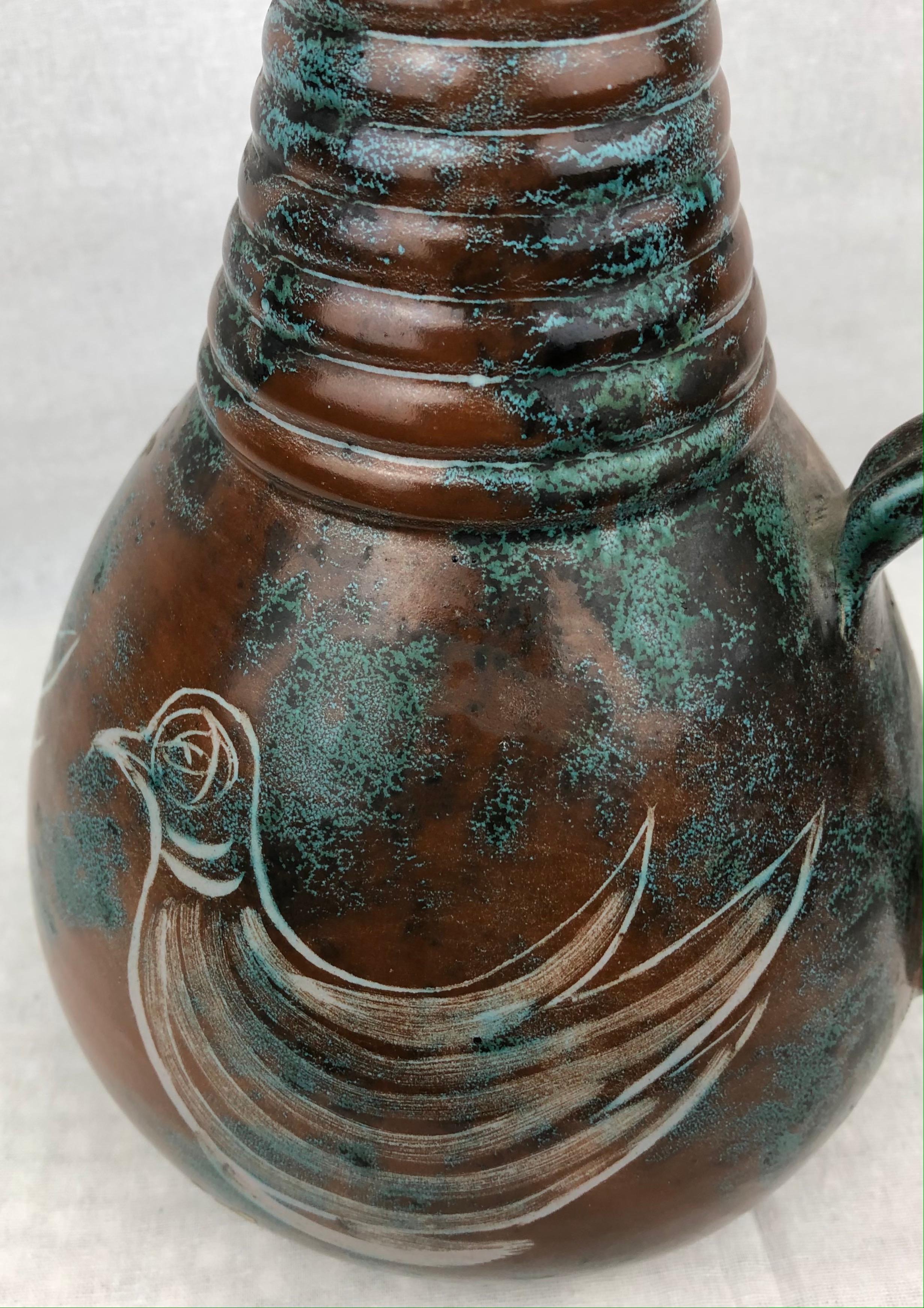 French Midcentury Glazed Ceramic Ewer-Form Vase, Signed Montgolfier In Good Condition For Sale In Miami, FL