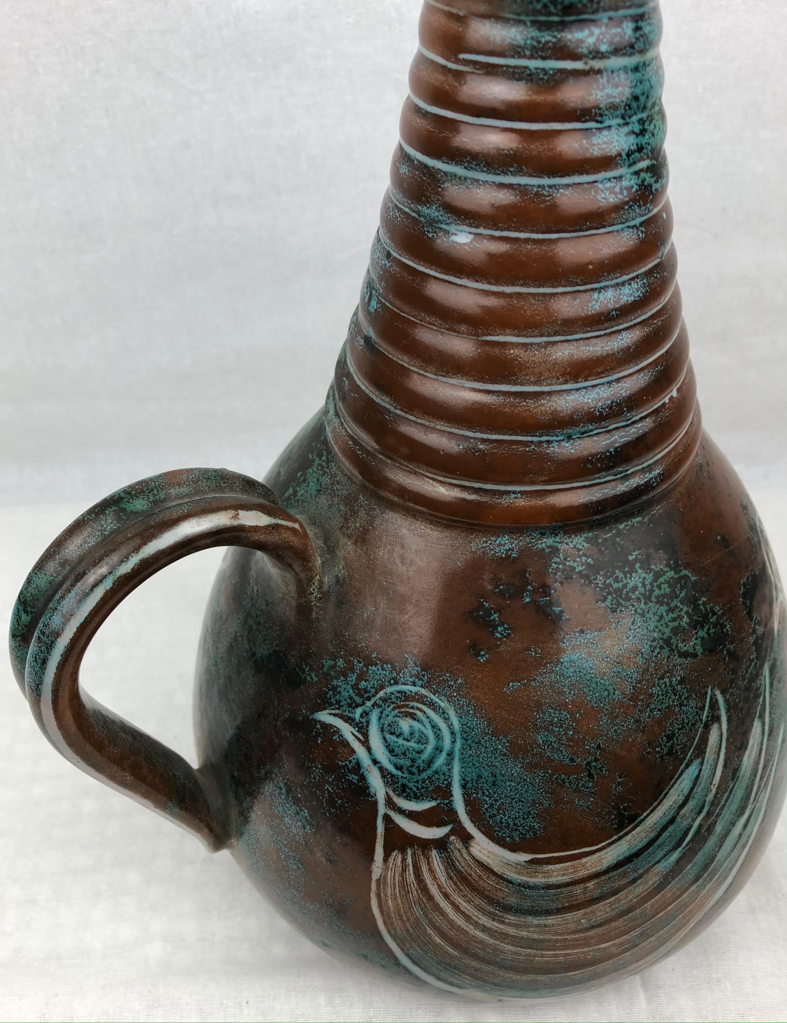 20th Century French Midcentury Glazed Ceramic Ewer-Form Vase, Signed Montgolfier For Sale