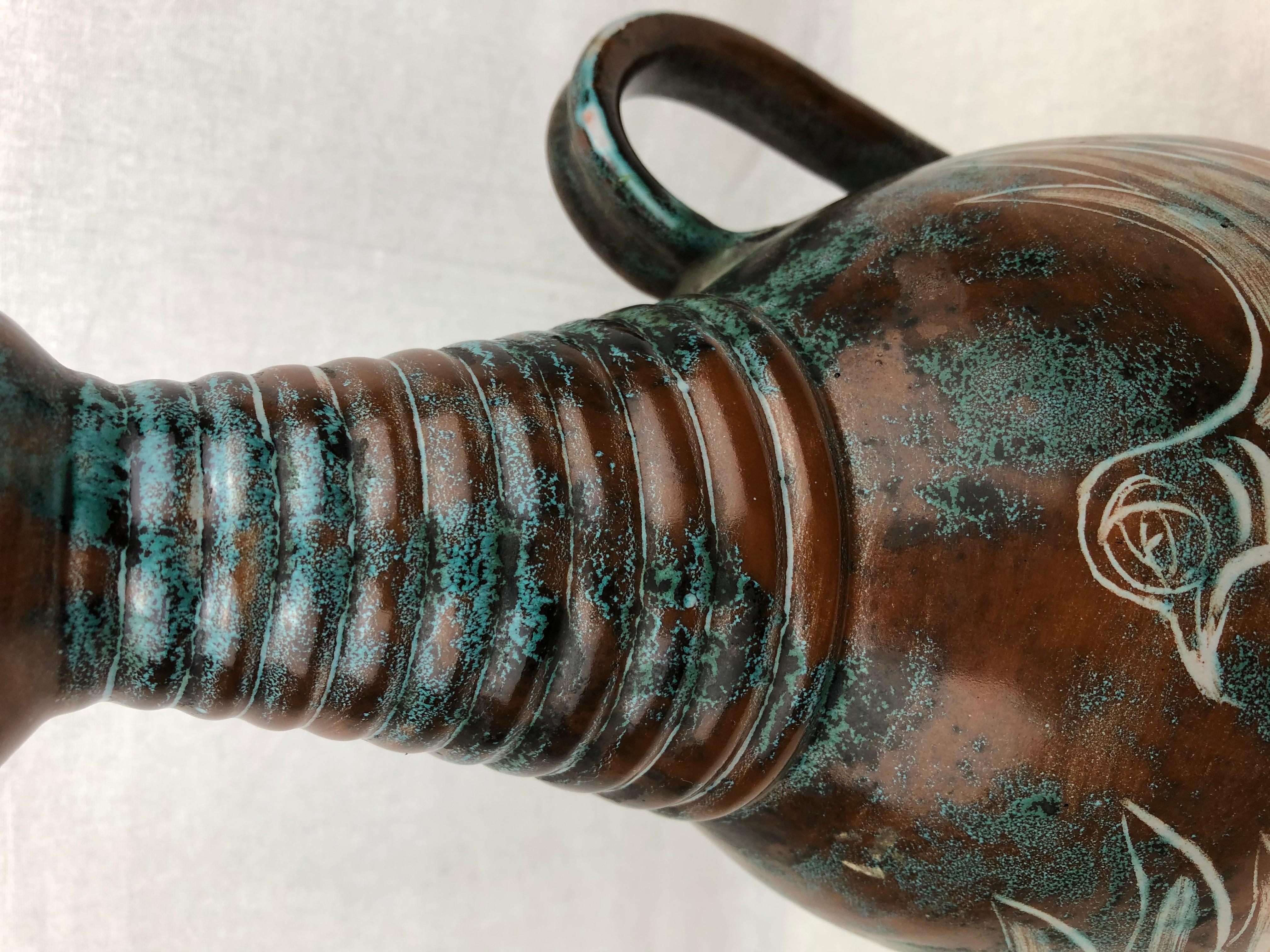 French Midcentury Glazed Ceramic Ewer-Form Vase, Signed Montgolfier For Sale 1