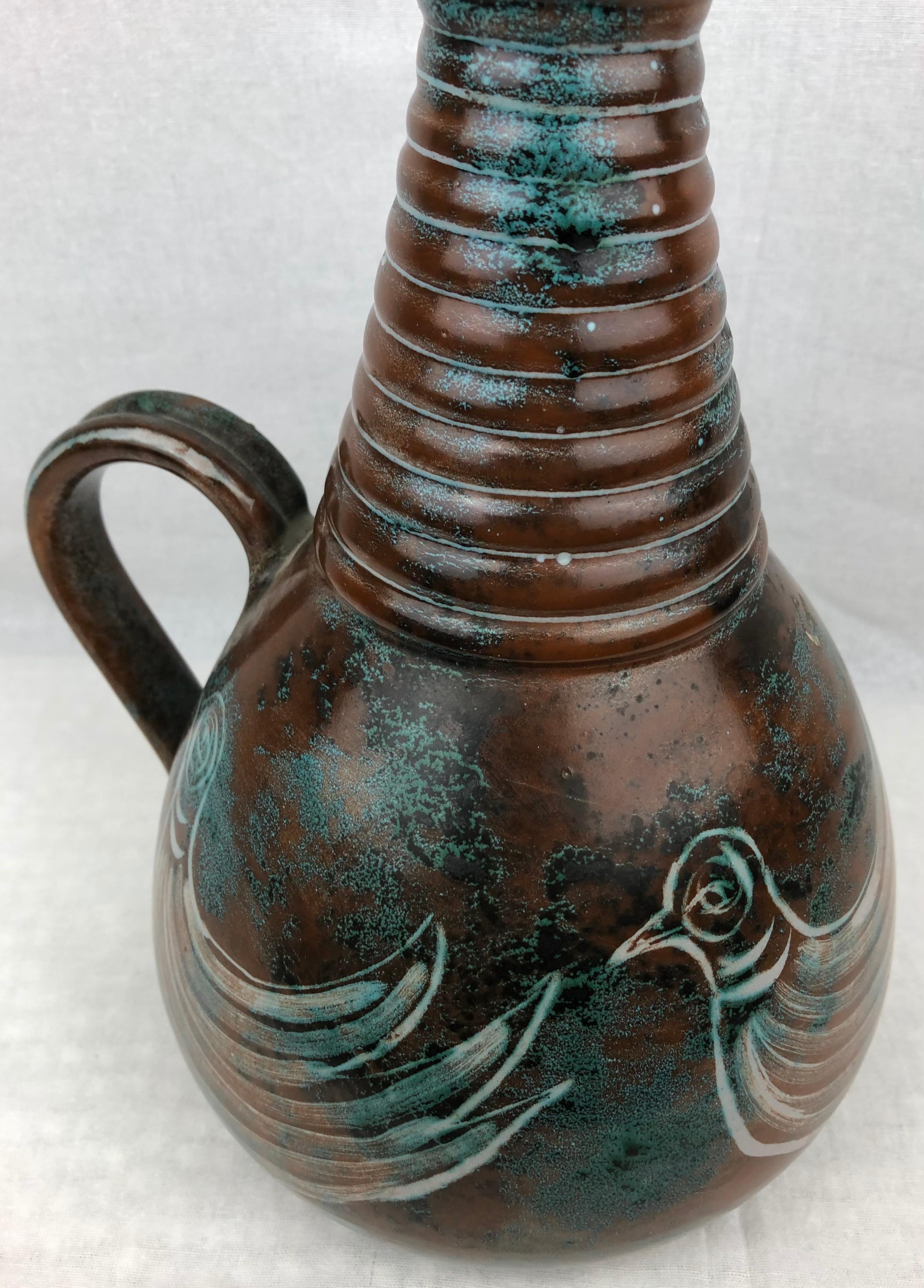 French Midcentury Glazed Ceramic Ewer-Form Vase, Signed Montgolfier For Sale 2