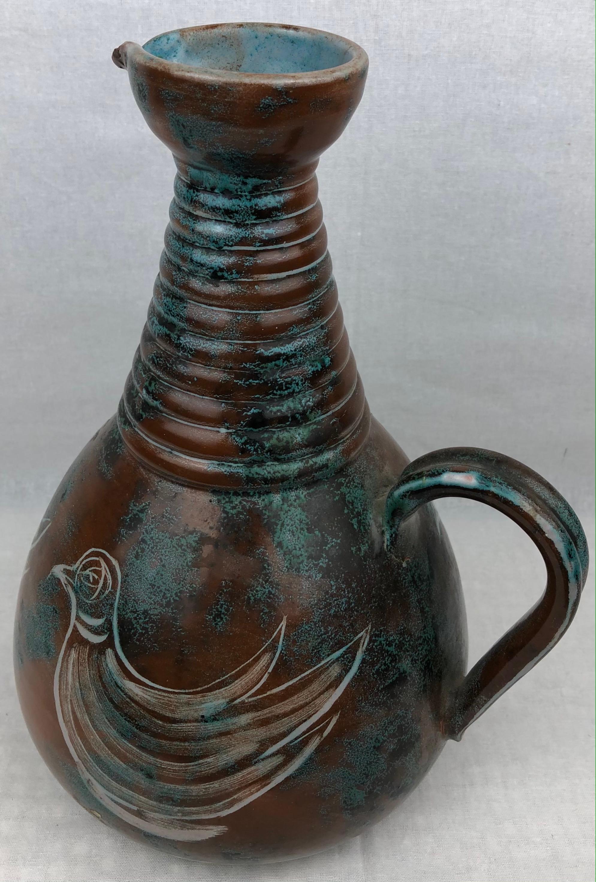 French Midcentury Glazed Ceramic Ewer-Form Vase, Signed Montgolfier For Sale 3