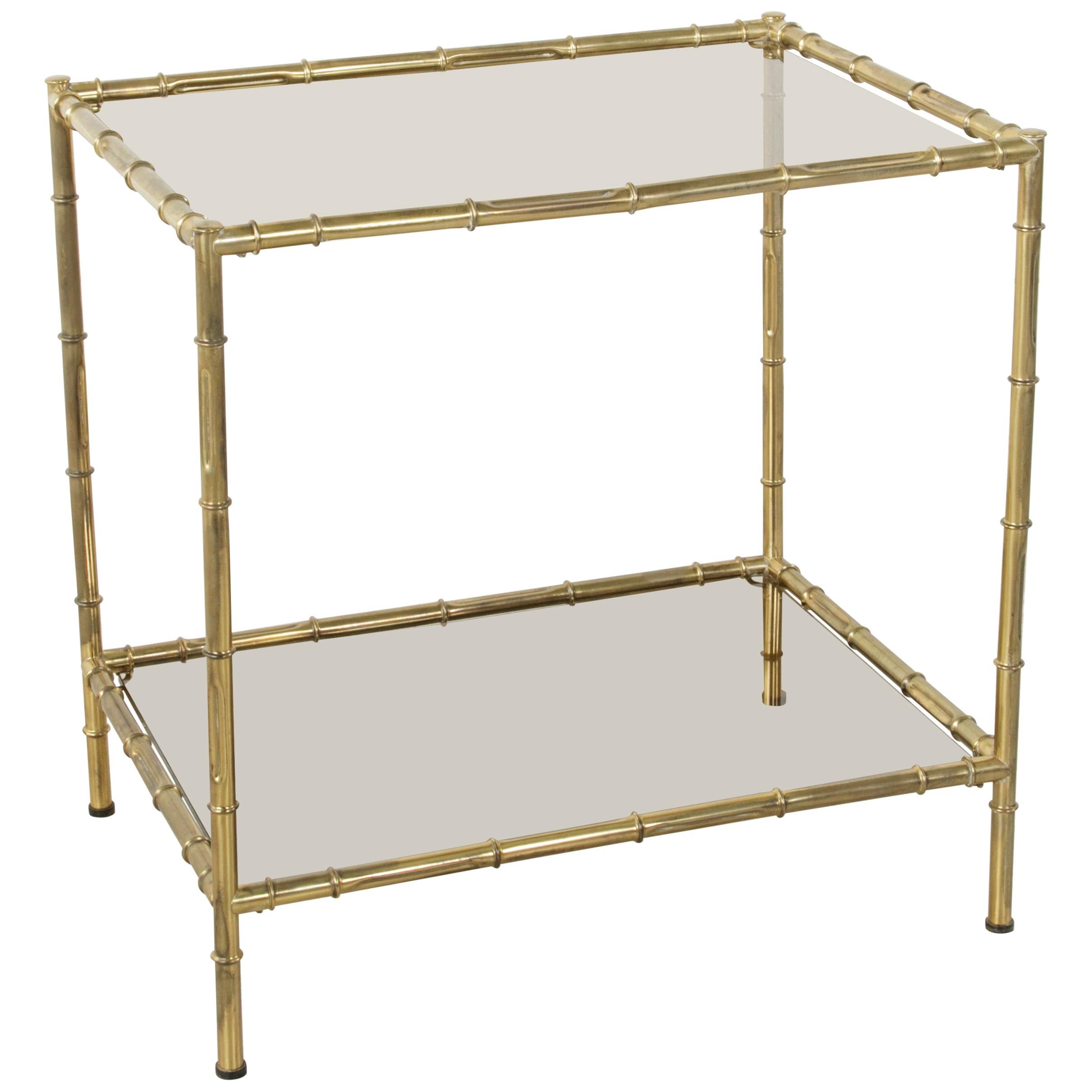French Midcentury Faux Bamboo Brass Side Table with Smoked Glass Shelves