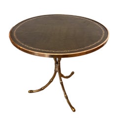 French Midcentury Faux Bamboo Brass Side Table With Tooled Leather Top