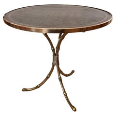 French Midcentury Faux Bamboo Brass Side Table With Tooled Leather Top