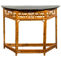 Table Demilune en faux bambou du milieu du siècle dernier avec plateau laqué noir