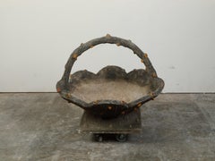 French Midcentury Faux-Bois Stone Basket with Scalloped Edge and Large Handle