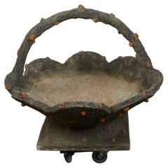 French Midcentury Faux-Bois Stone Basket with Scalloped Edge and Large Handle