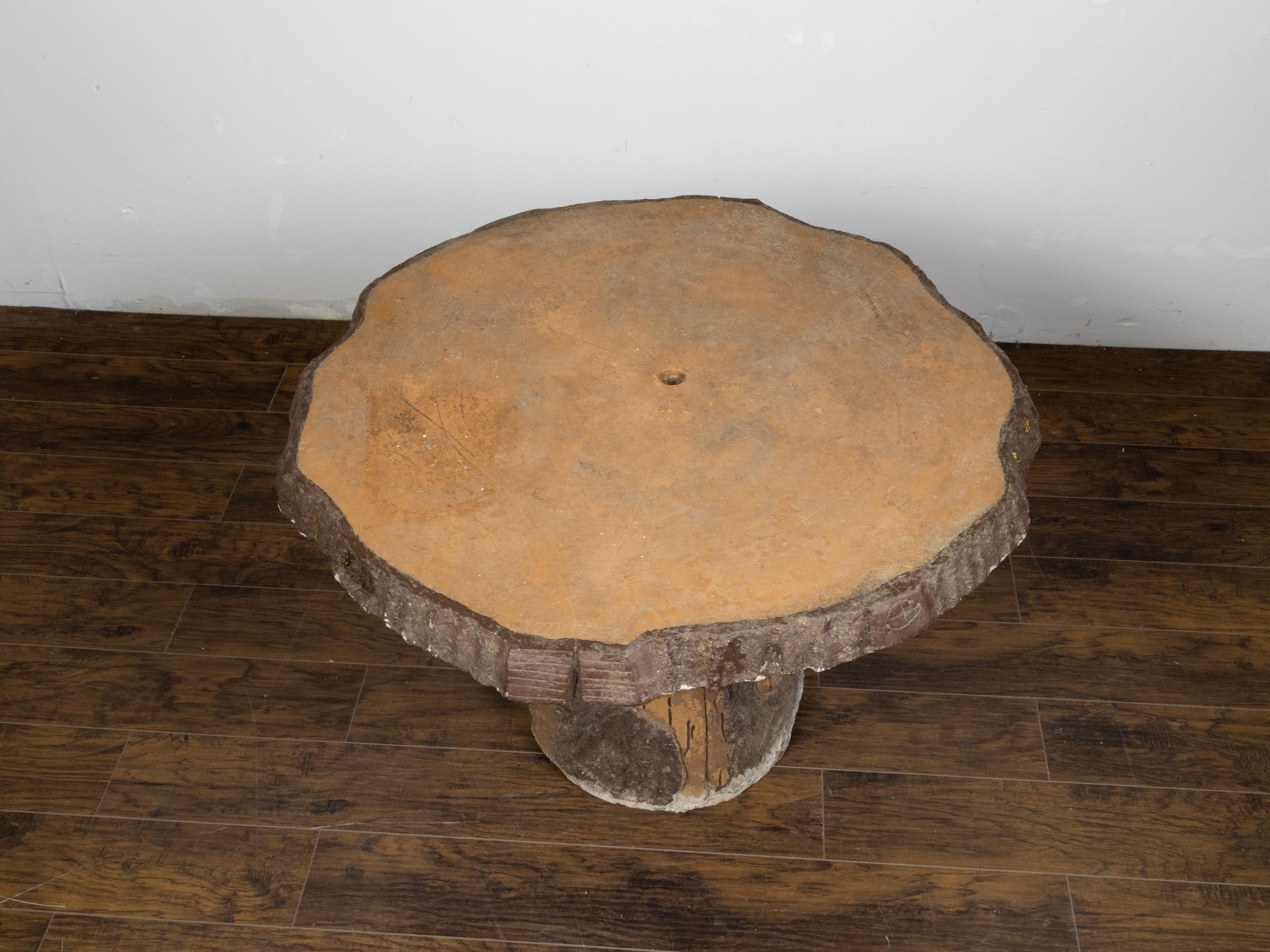 French Midcentury Faux Bois Table with Wood Slab Top and Tree Trunk Base In Good Condition For Sale In Atlanta, GA