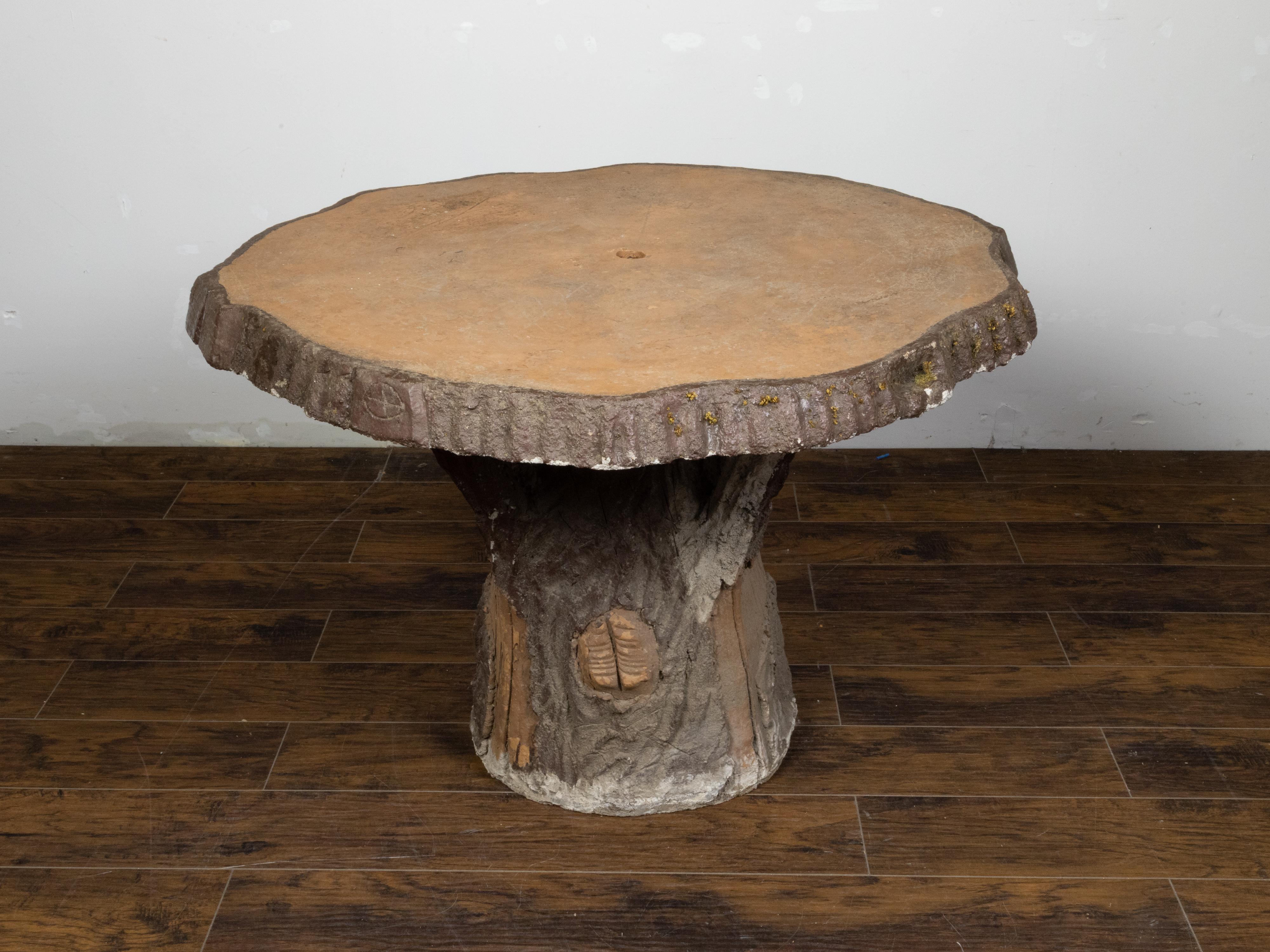 French Midcentury Faux Bois Table with Wood Slab Top and Tree Trunk Base For Sale 1