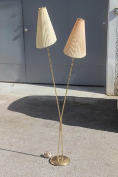 French Midcentury Floor Lamp Brass and Silk Dome Minimal Design, 1950s