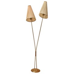 French Midcentury Floor Lamp Brass and Silk Dome Minimal Design, 1950s