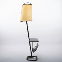French Midcentury Floor Table Lamp, Jacques Adnet, Saddle Stitched Leather