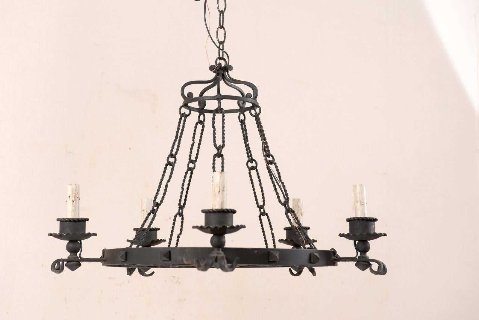 French Midcentury Forged Iron Chandelier with Quatrefoil Clover Motifs In Good Condition In Atlanta, GA
