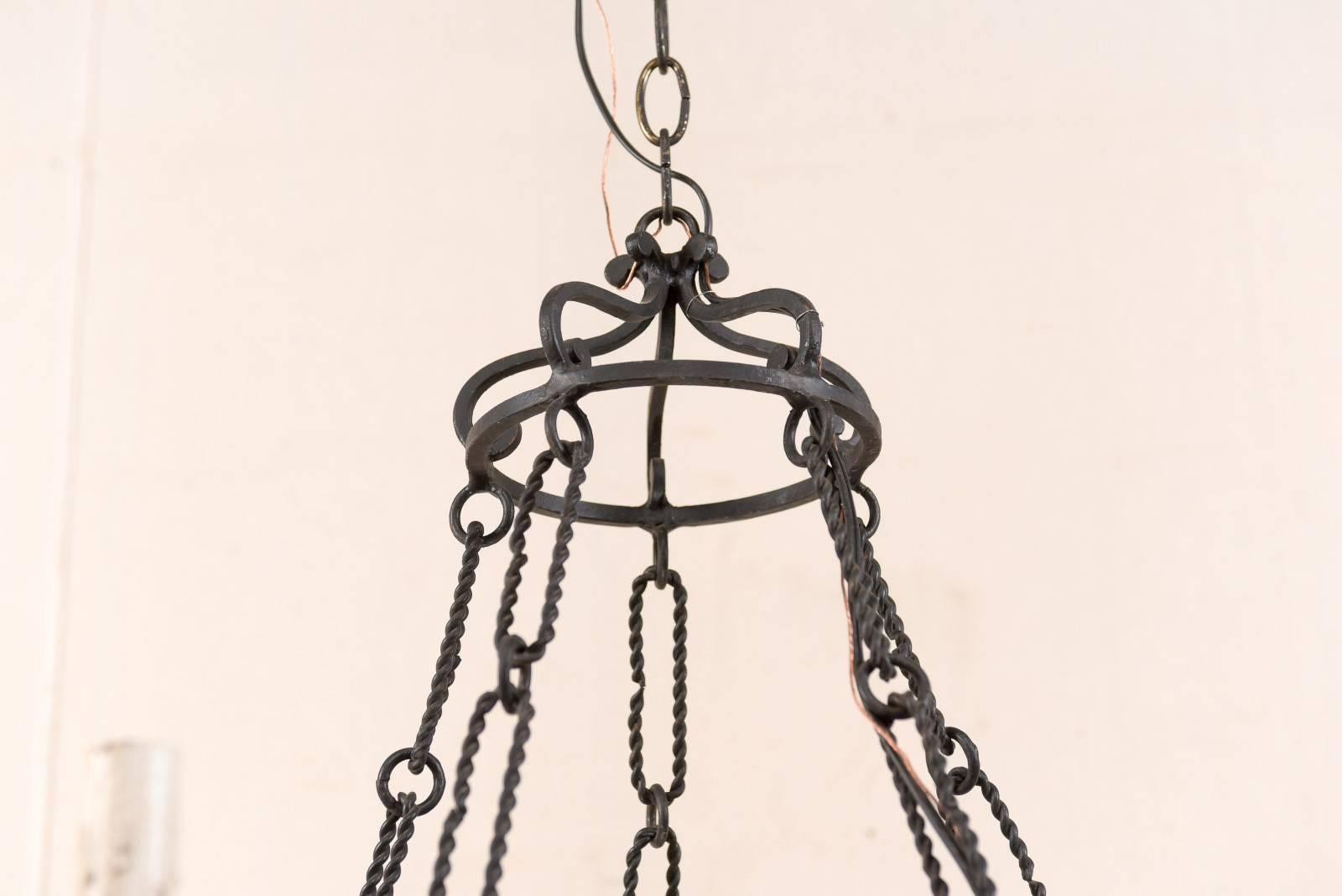 Metal French Midcentury Forged Iron Chandelier with Quatrefoil Clover Motifs